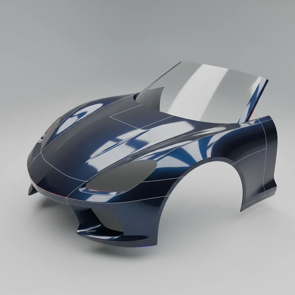 Blue car shell 3D design drawing showing light reflections and surface lines on grey background