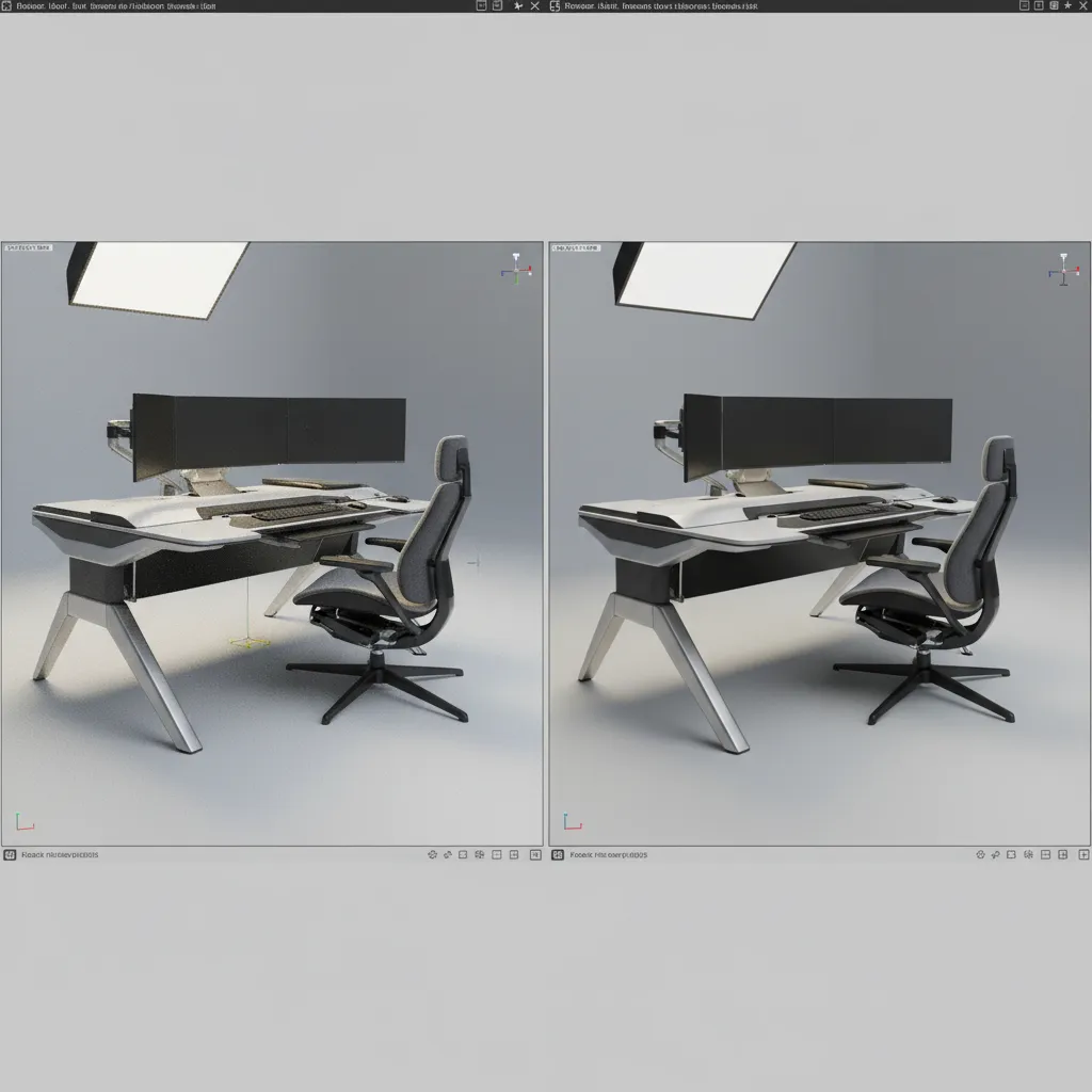 Before and after comparison of two office desk drawings showing different light and shadow quality