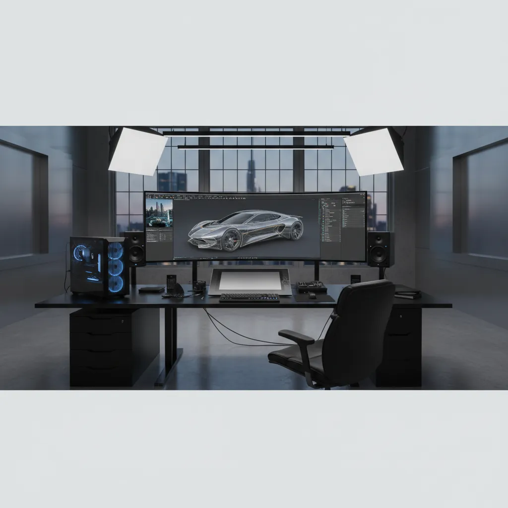 Dark workspace with large curved monitor showing car design and blue light desktop computer setup