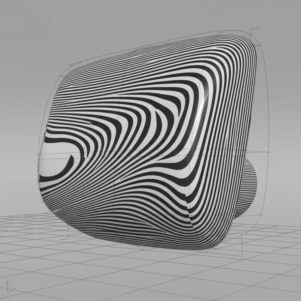 Abstract shape with black and white stripes showing wavy lines on a gray grid floor