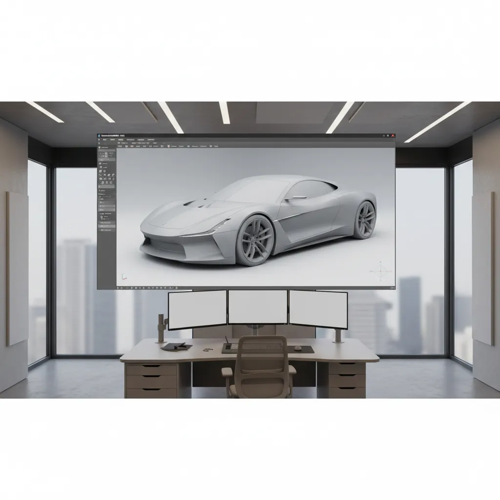 Modern office workspace with large screen showing car interior design drawing above wooden office desk