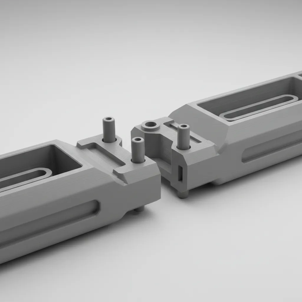 Two separated 3D model parts aligned with registration pins
