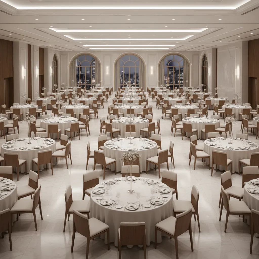 Perfectly aligned banquet tables arranged in grid layout for event seating