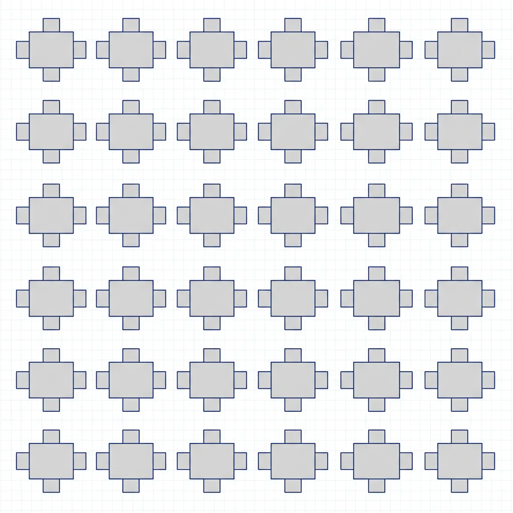 AutoCAD dining table blocks aligned in a straight grid layout