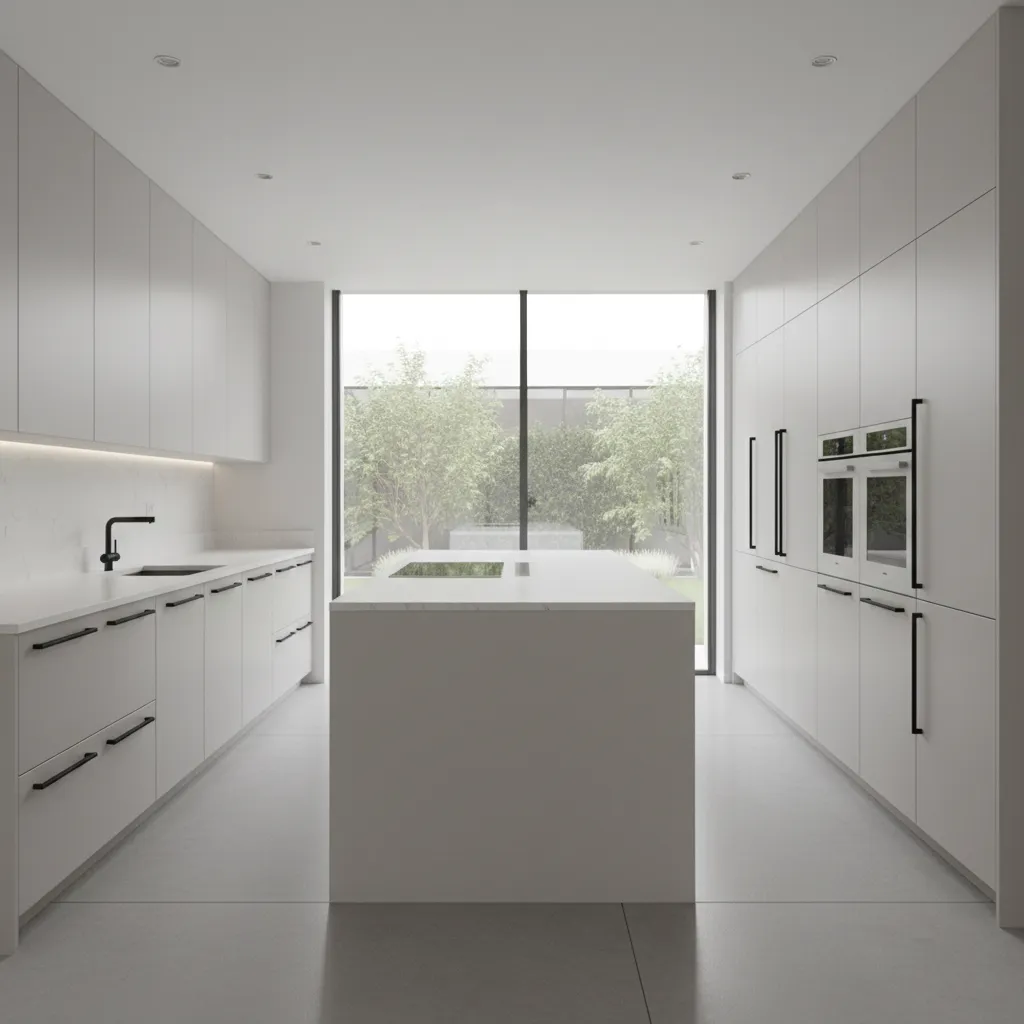 Row of perfectly aligned cabinet handles in a modern kitchen