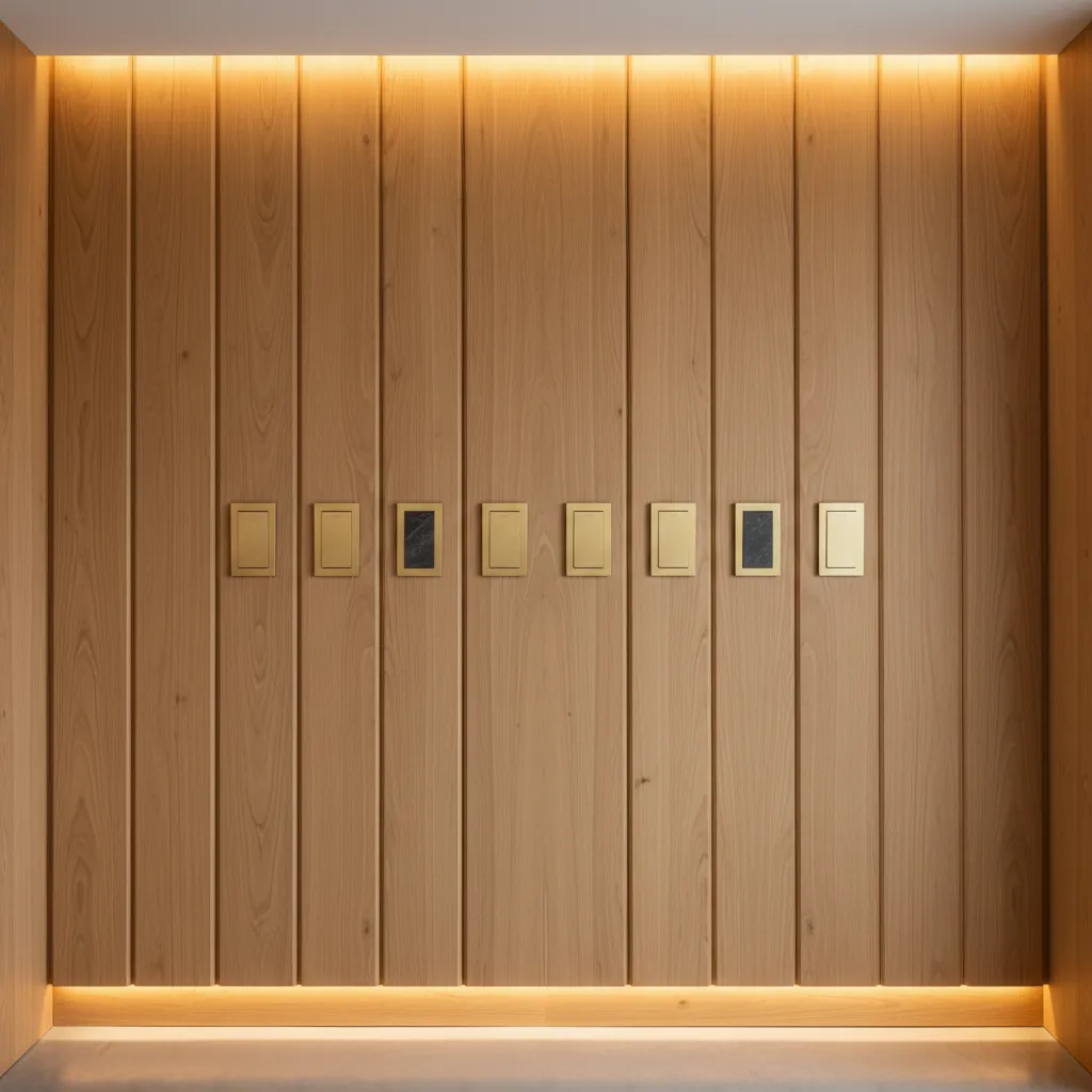 Interruptores alineados con paneles de madera en una pared moderna