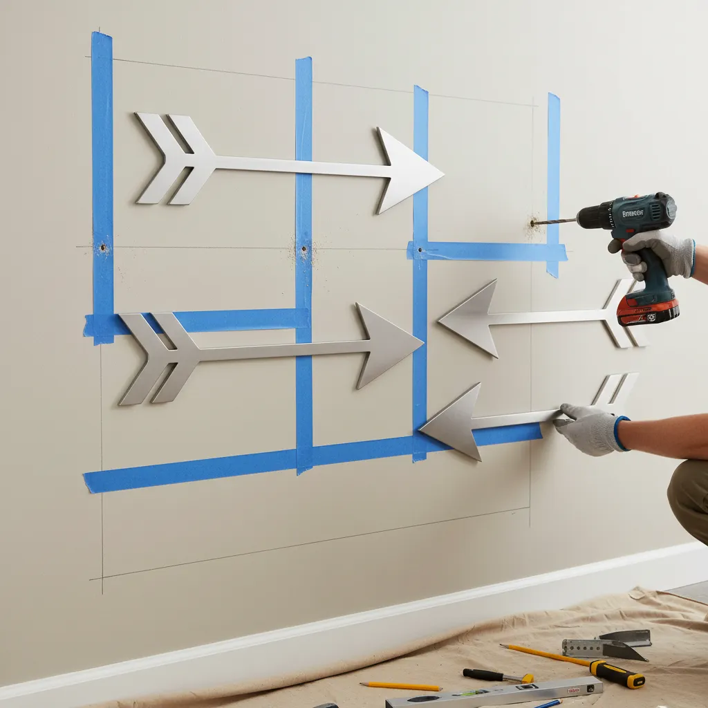 Painter's tape template used to align metal arrow wall decor before drilling