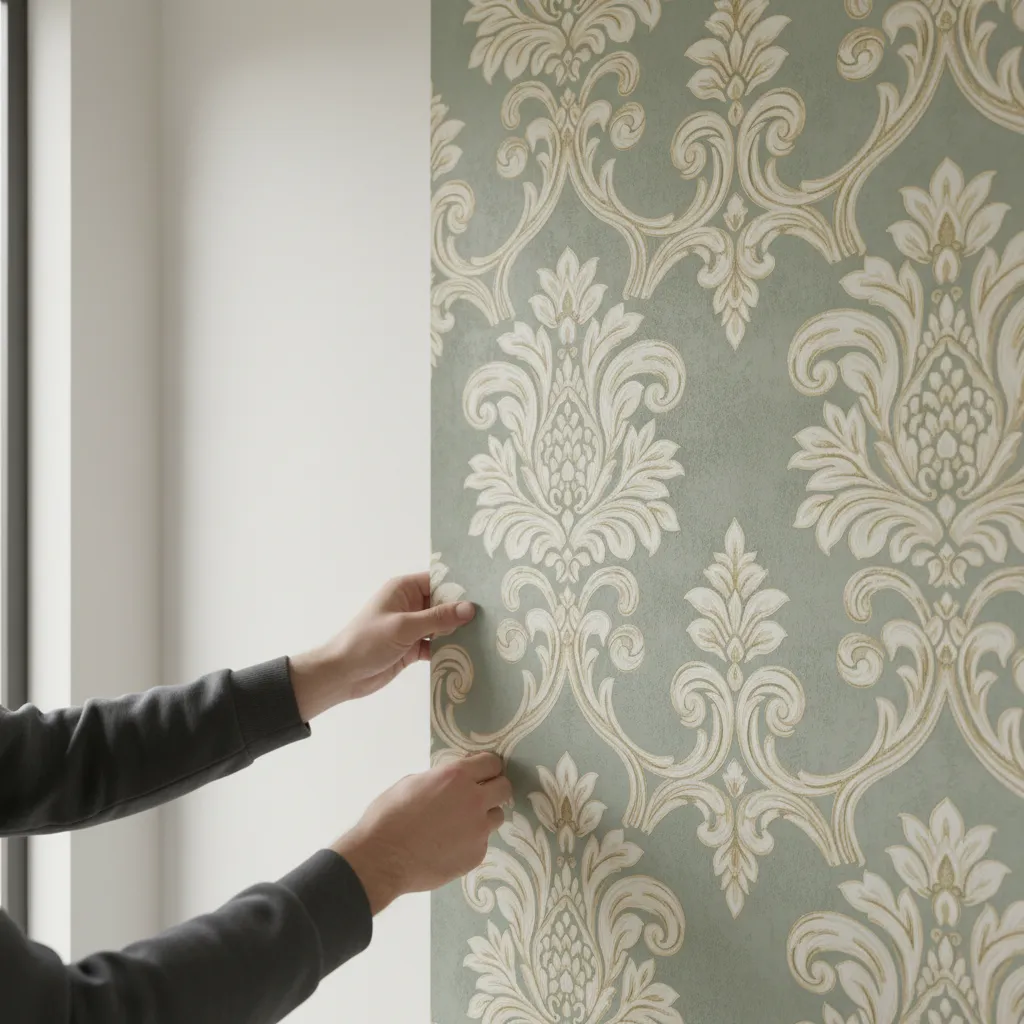 Two damask wallpaper panels being aligned to match repeating pattern