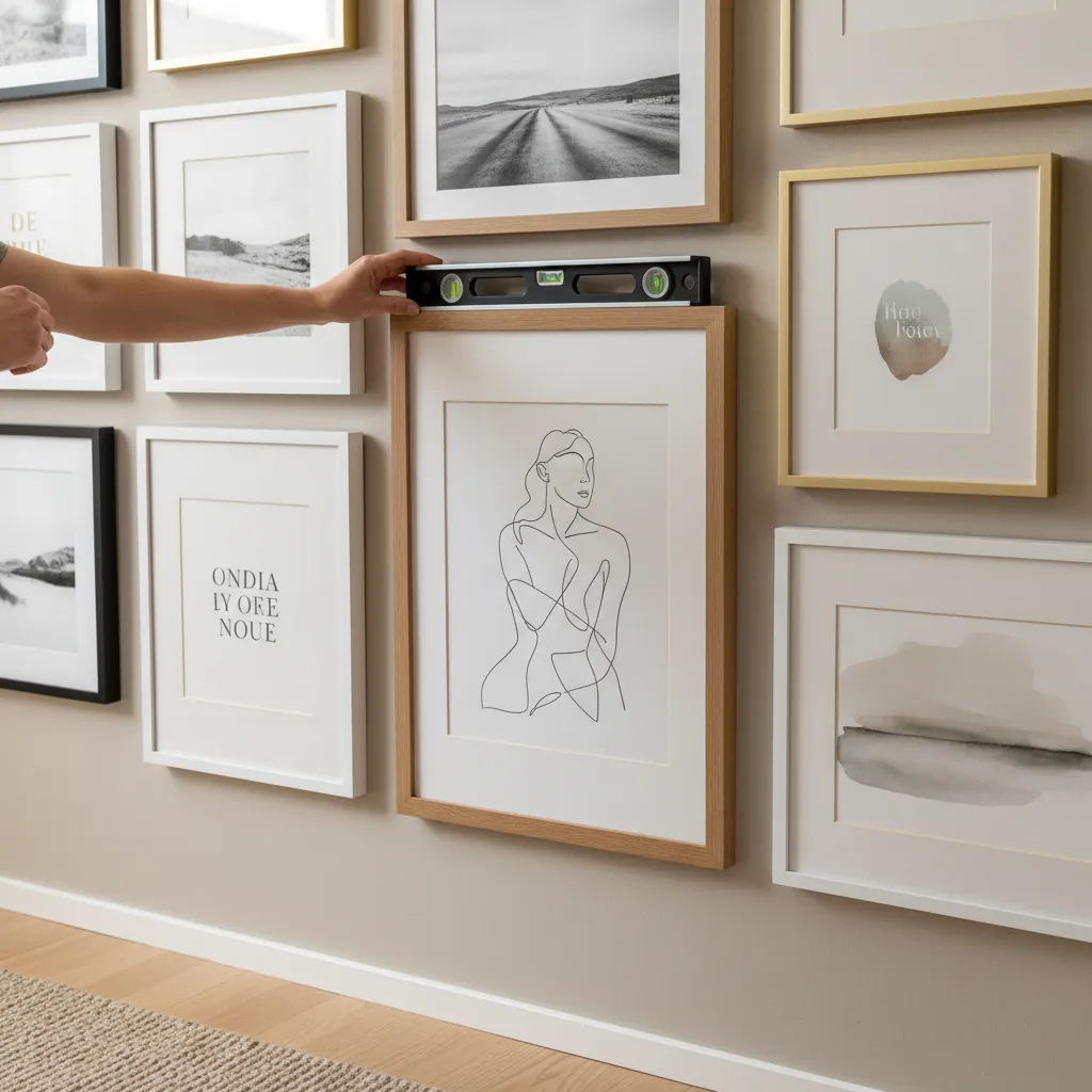 hands adjusting a picture frame using a level on a gallery wall