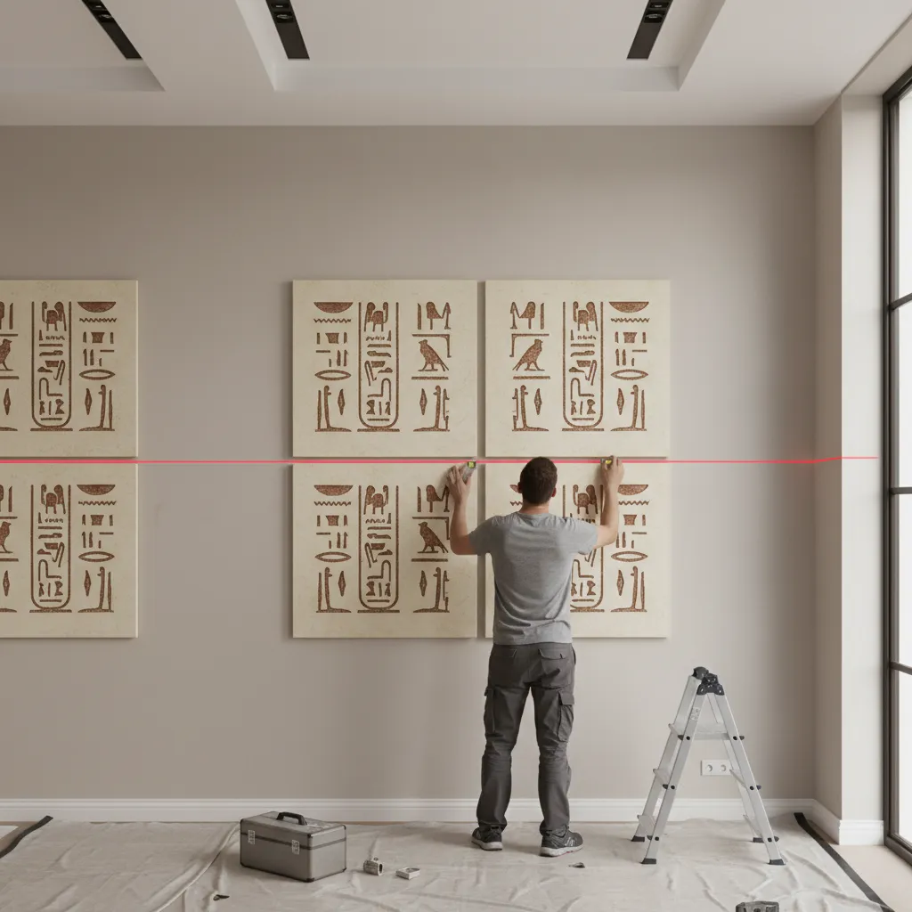 Laser level aligning Egyptian hieroglyph wall art panels