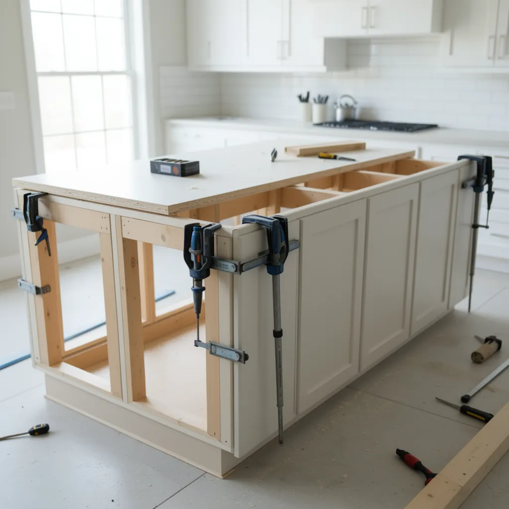 clamps holding kitchen island cabinets together during alignment
