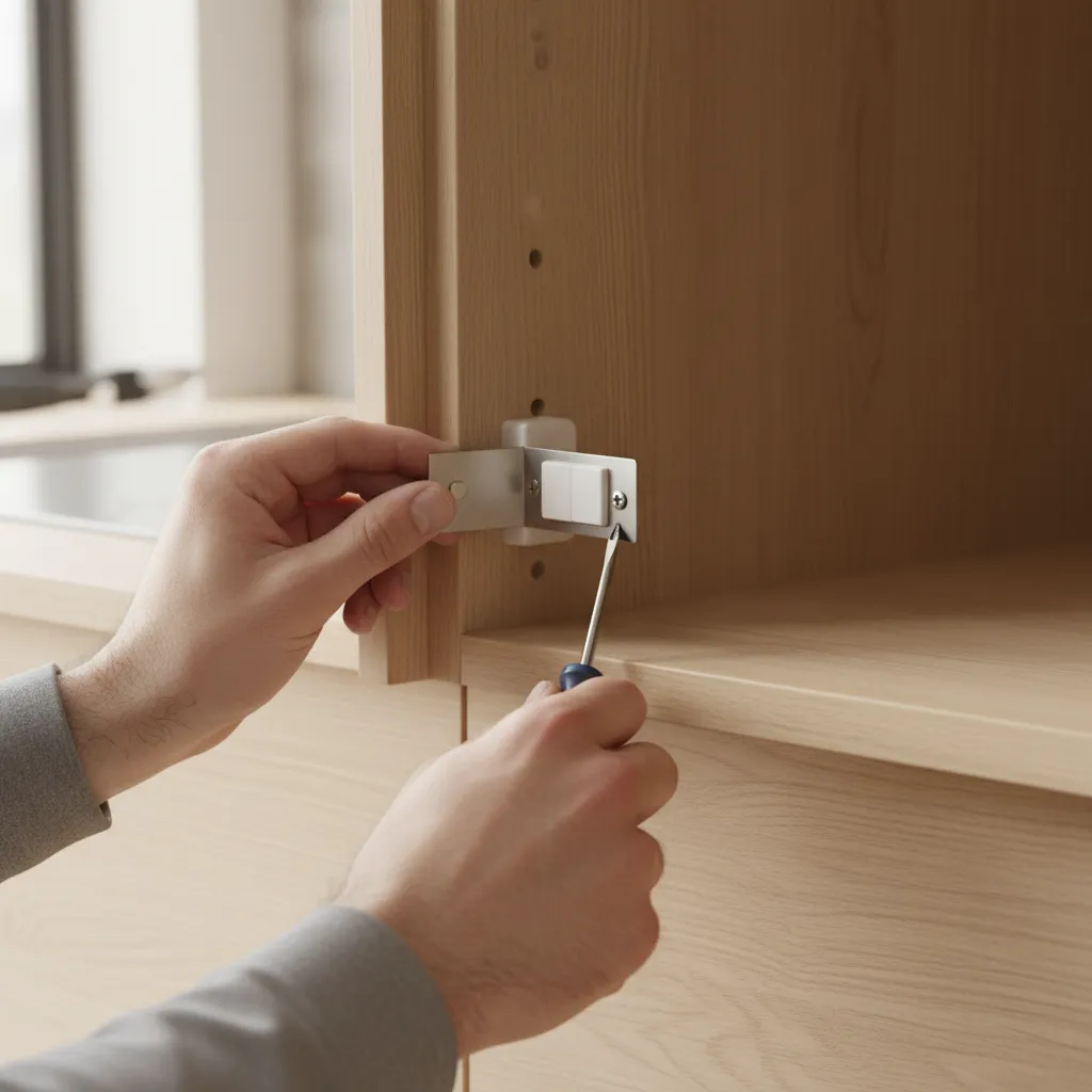 hands aligning strike plate with magnetic cabinet latch inside cabinet