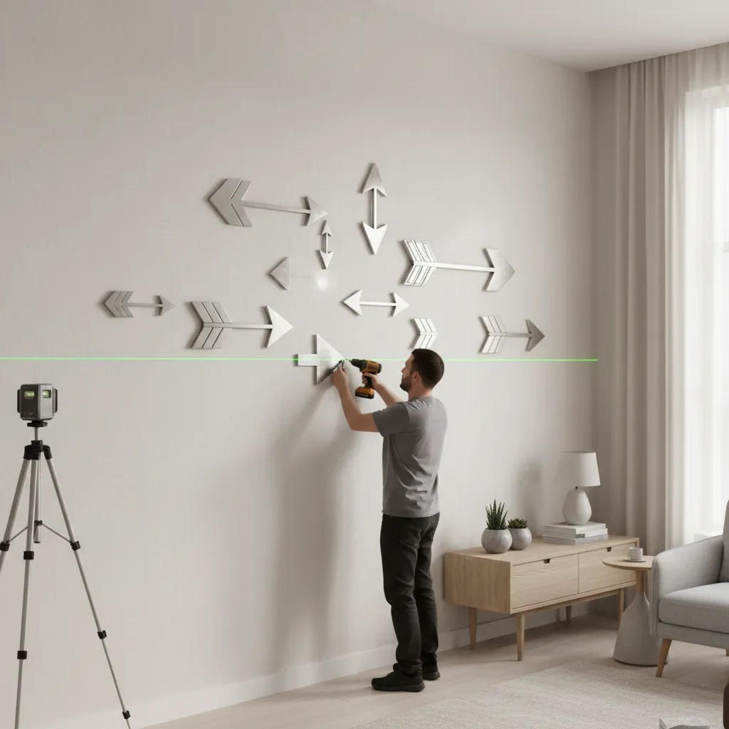 laser level aligning multiple metal arrow wall decor pieces