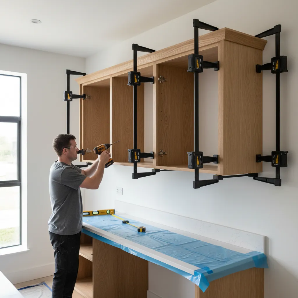 two kitchen wall cabinets clamped together for alignment