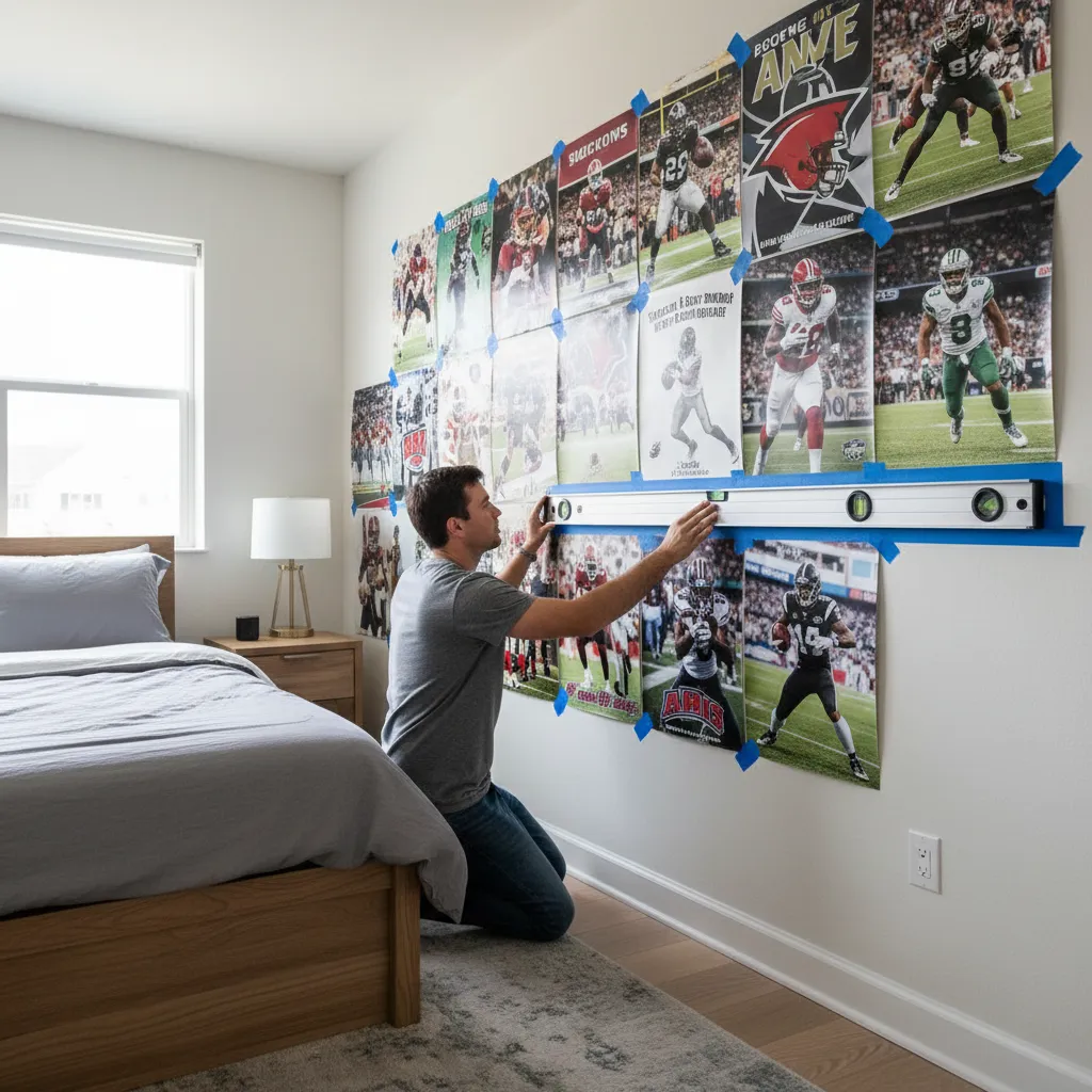 Using a level and painter tape to align sports posters on a wall