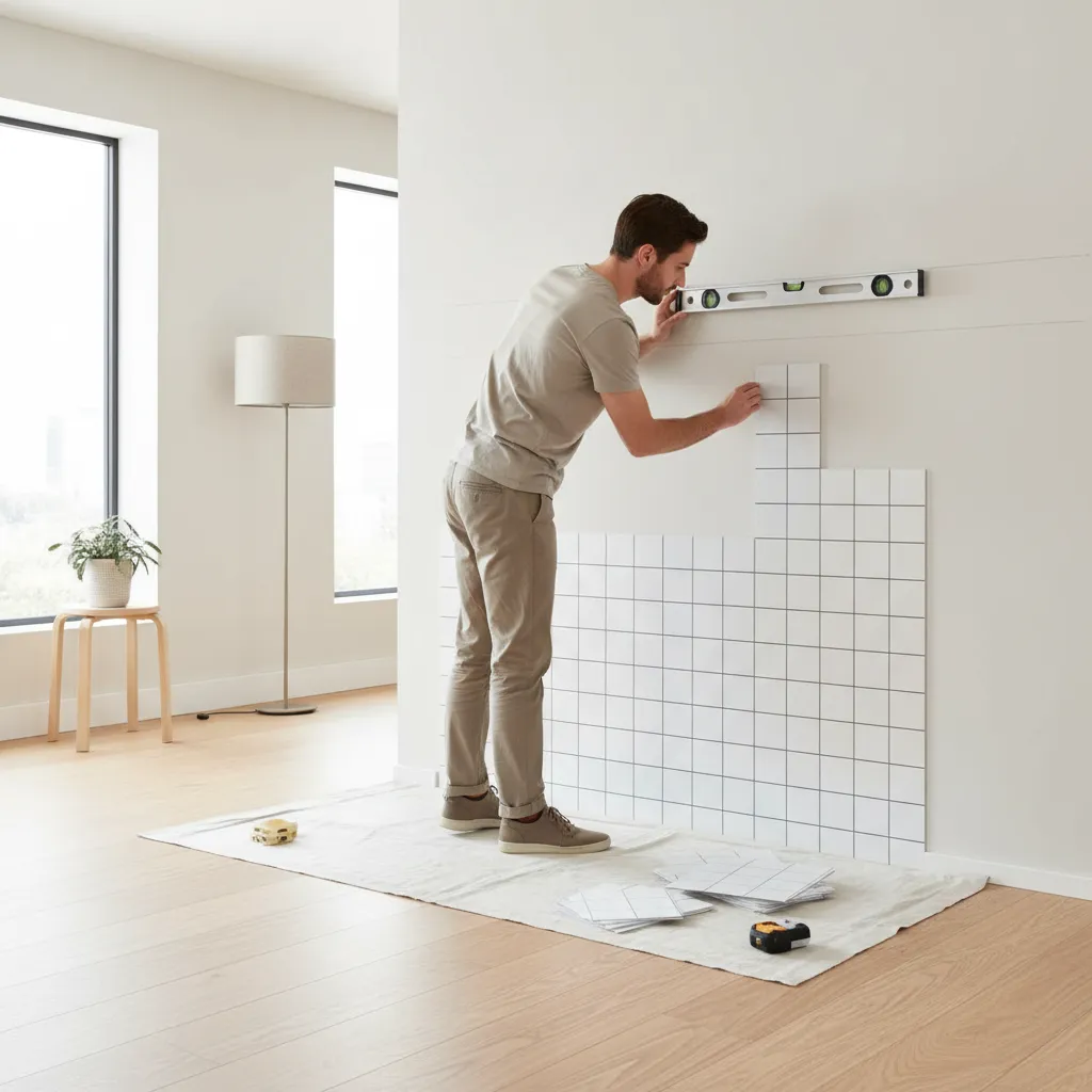 aligning tile sticker grid pattern on wall using level guideline