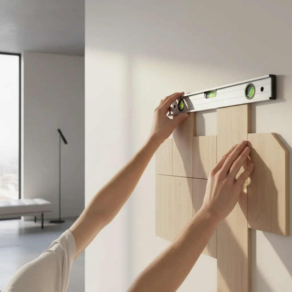 Using a level to straighten decorative wall panel installation