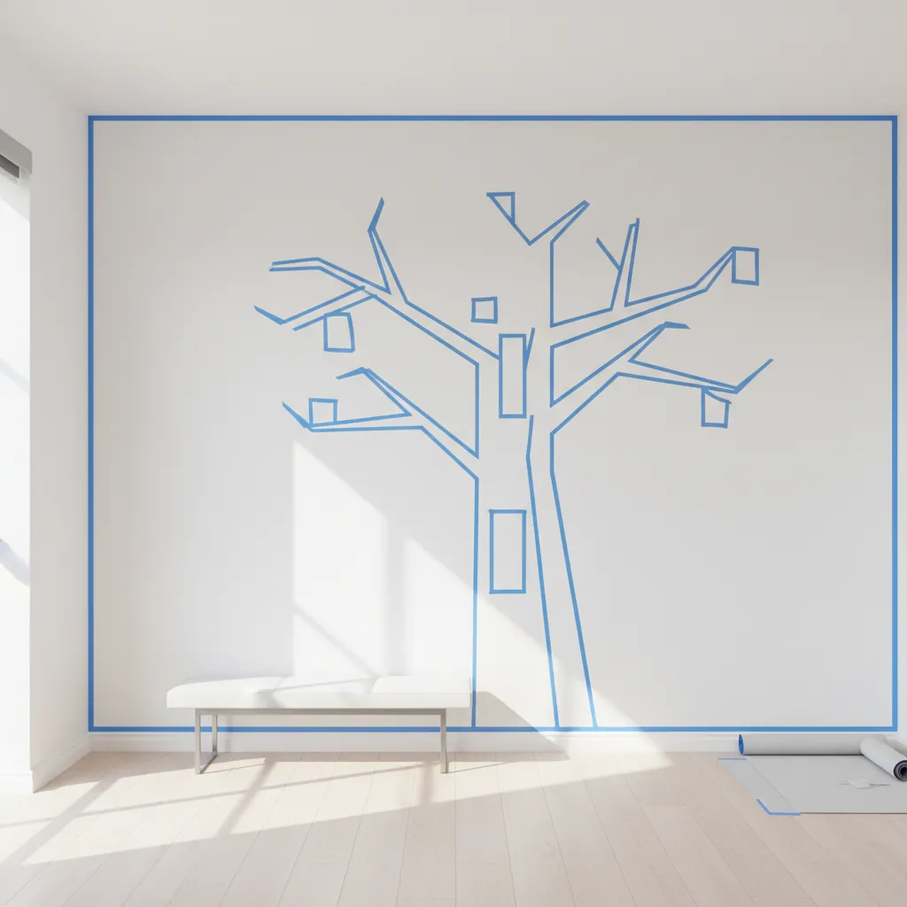 Painter's tape guidelines used to align a wall tree mural design