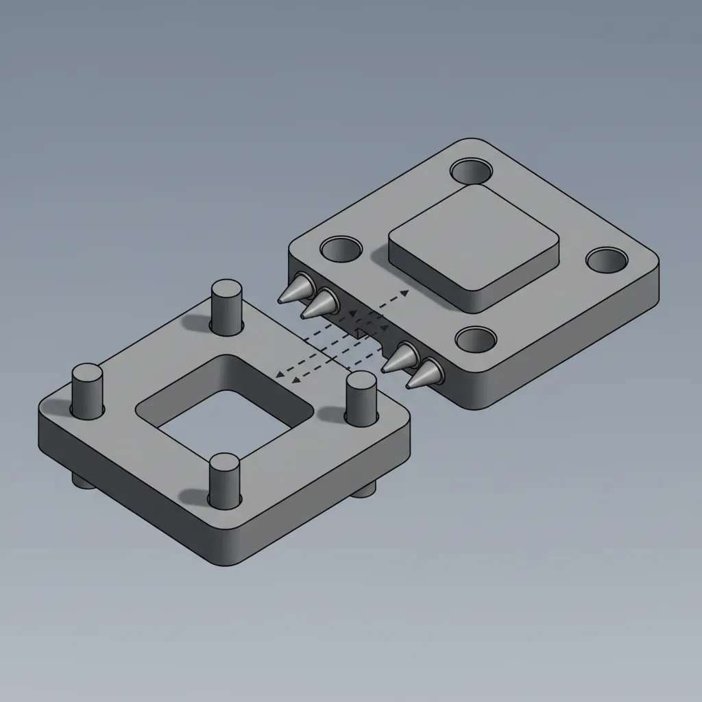 Close up of 3D model halves with alignment pins and sockets