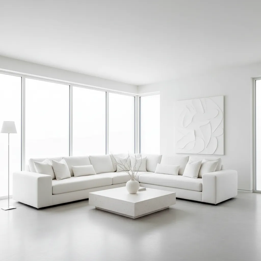 Salón blanco minimalista con poco contraste decorativo