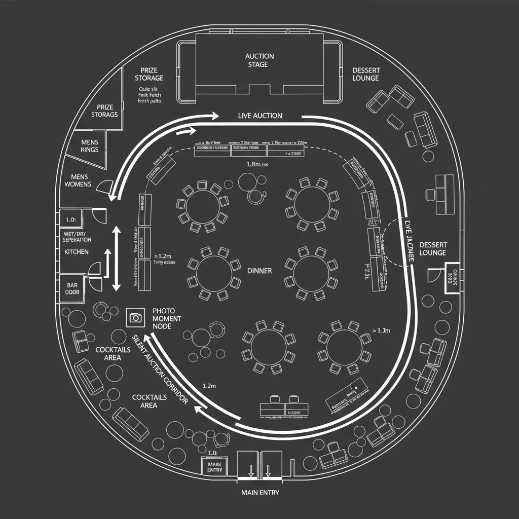 Ballroom plan with continuous auction loop around dinner seating and stage