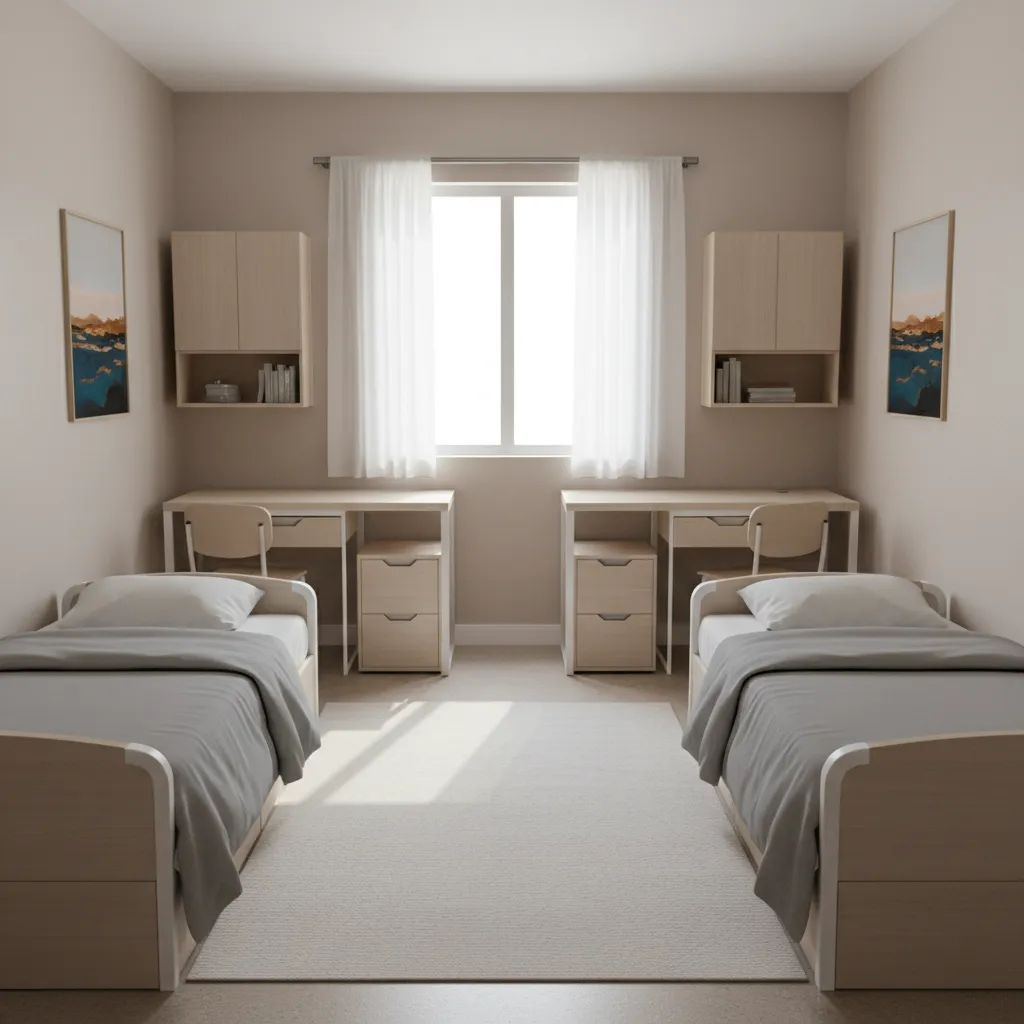 Typical small shared college dorm room layout with two beds desks and window