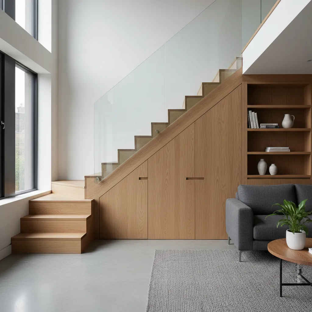 Espacio de almacenamiento integrado bajo una escalera de madera