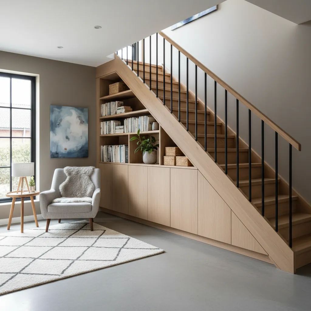 Diseño de almacenamiento integrado debajo de una escalera interior