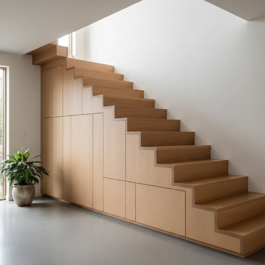 Wooden staircase with simple storage cabinets built underneath and a green potted plant sitting nearby