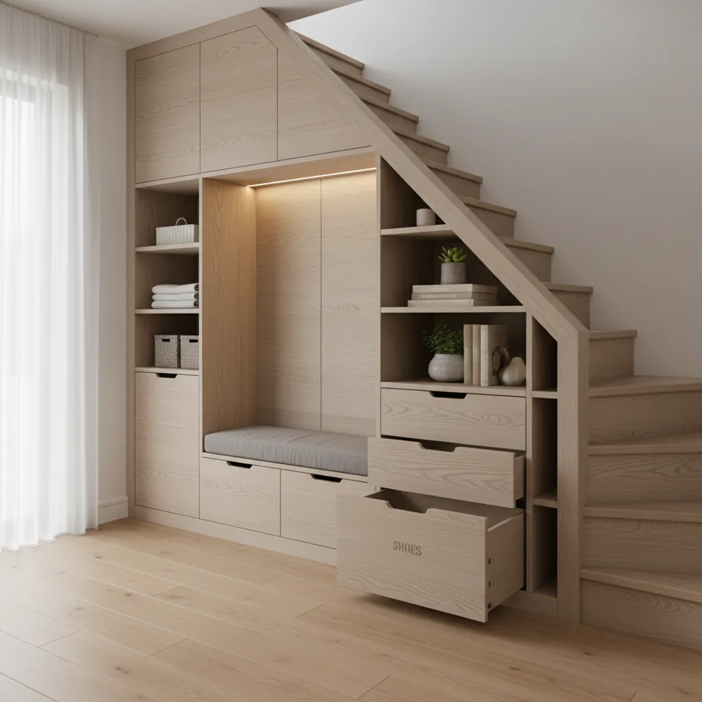 Muebles de almacenamiento integrados debajo de una escalera interior