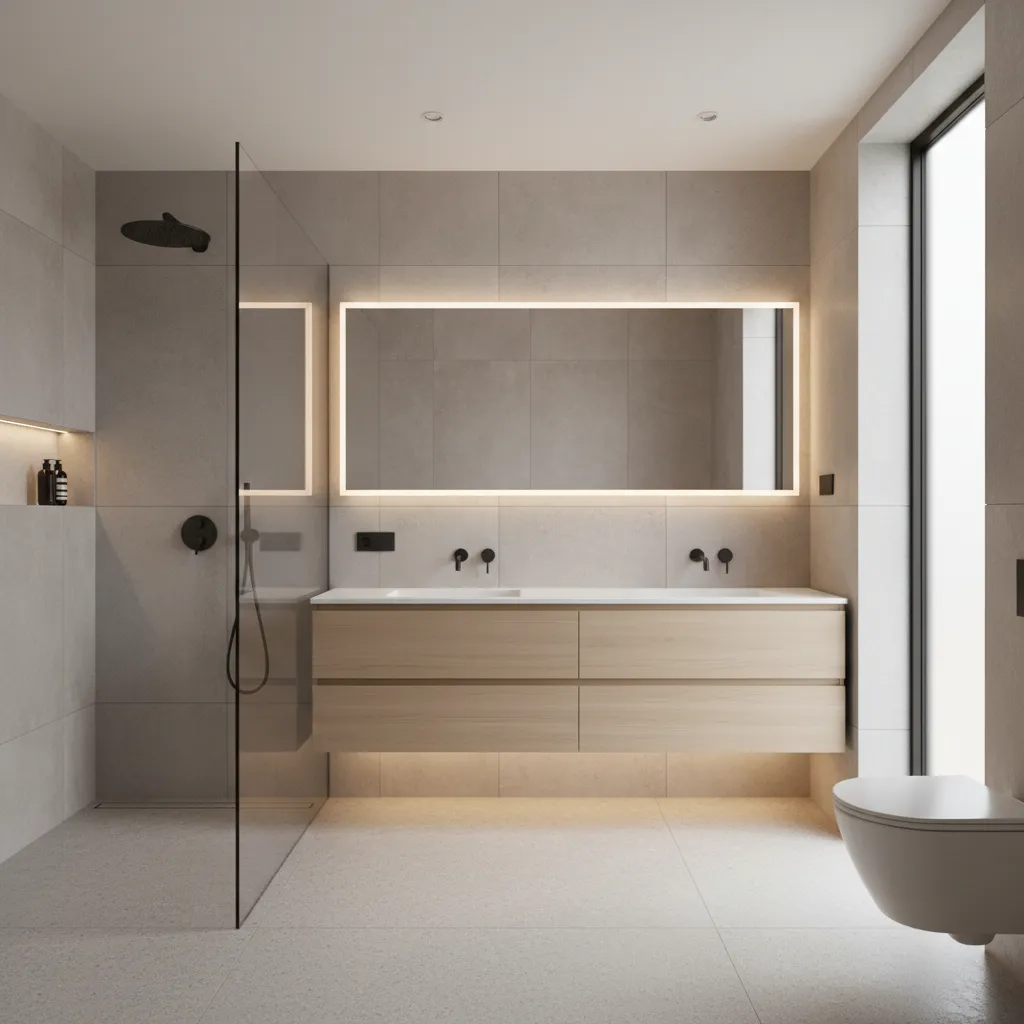 Baño con almacenamiento oculto en mueble flotante y espejo con armario