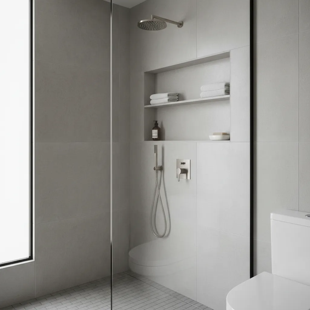 Modern grey shower room featuring a wall shelf with white towels and a shower head