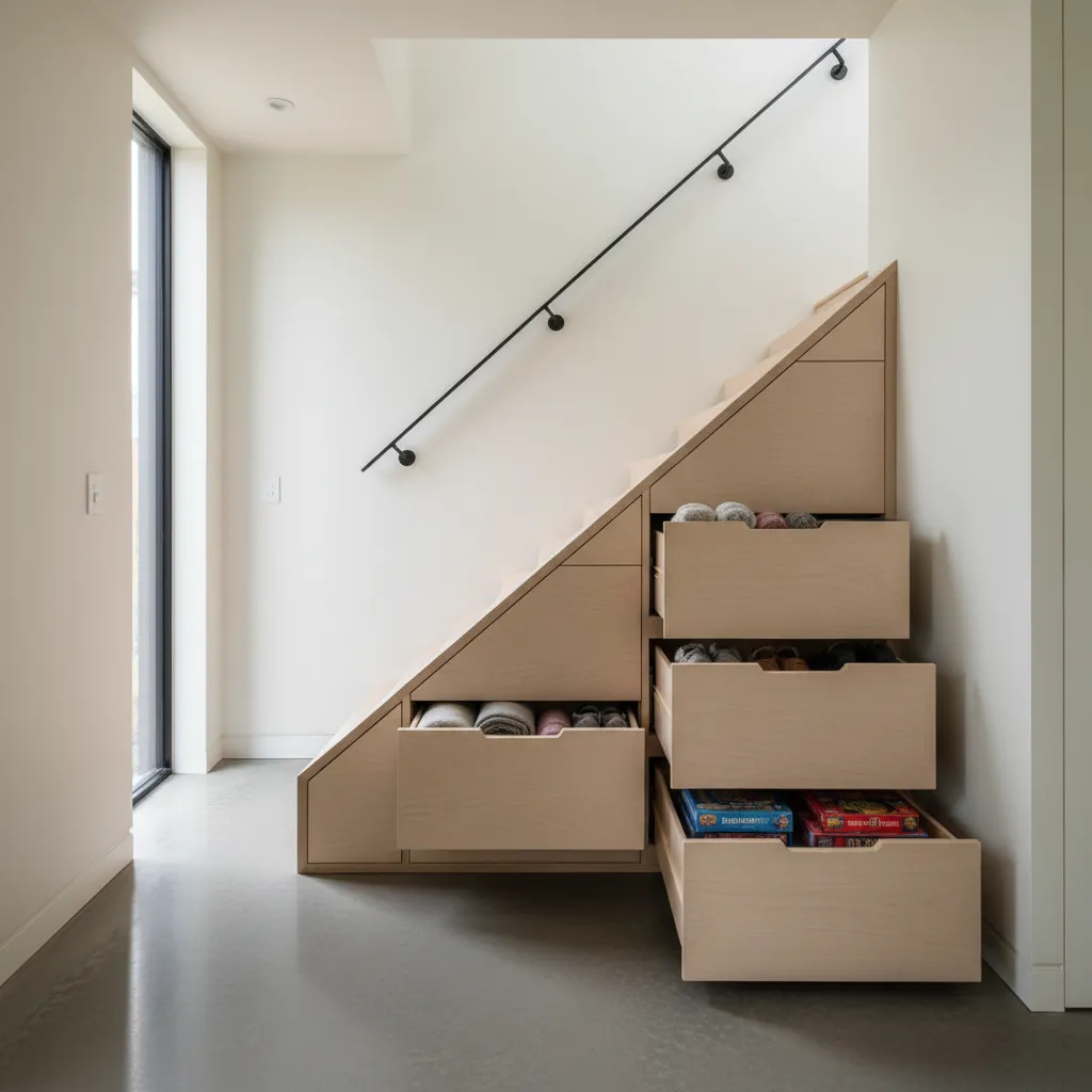 light wood stairs with open storage drawers for clothes and shoes in a white room