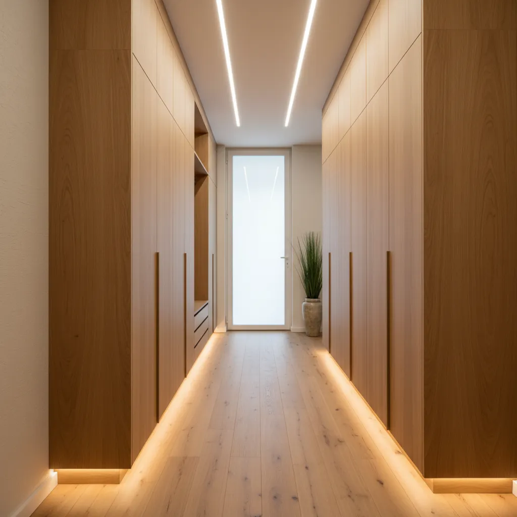 Wooden hallway with tall cabinets floor lighting ceiling light strips white door and green plant