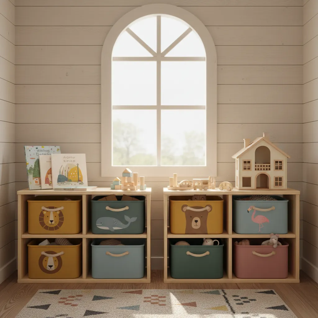 Estanterías bajas con cajas de juguetes dentro de una casita infantil