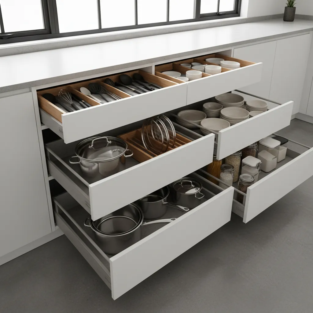 Cajones organizados dentro de muebles de cocina modernos