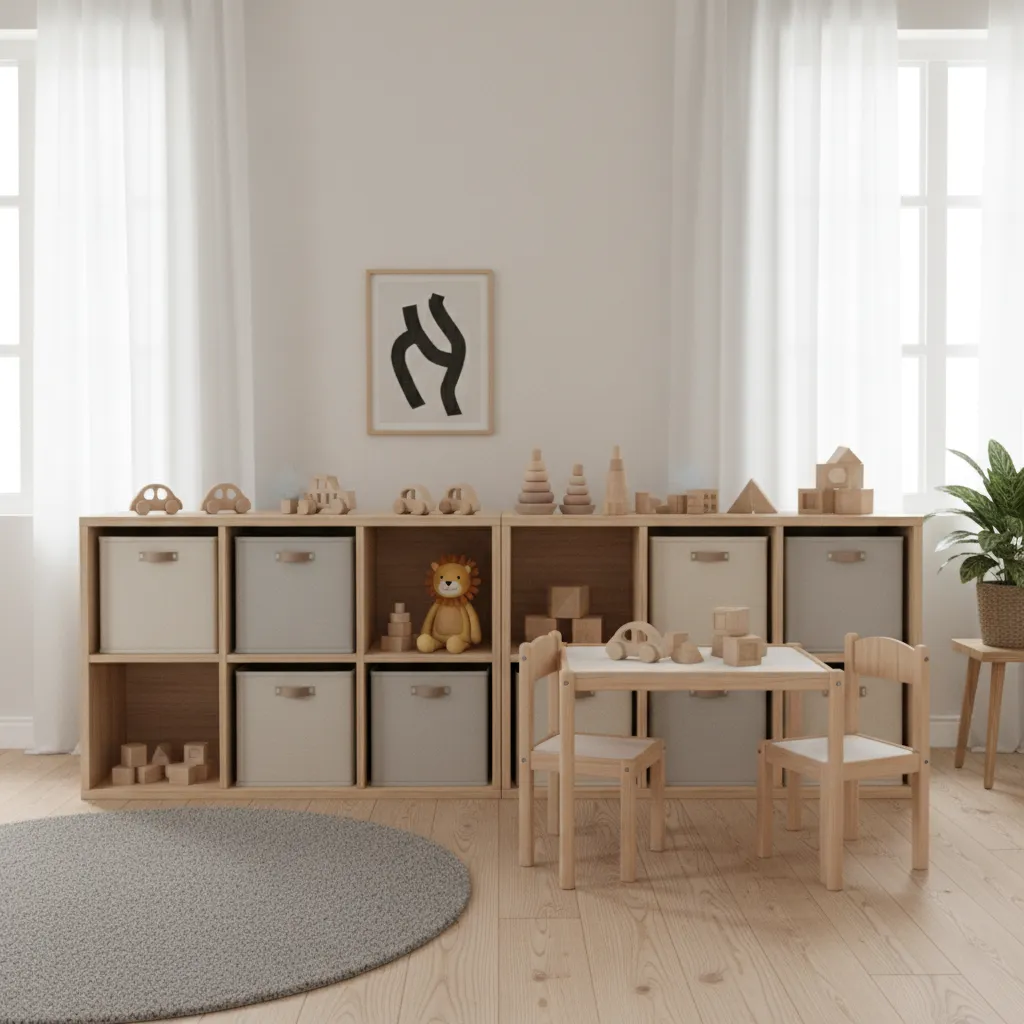Kids playroom featuring wooden storage cabinet grey bins small table chair set and round rug