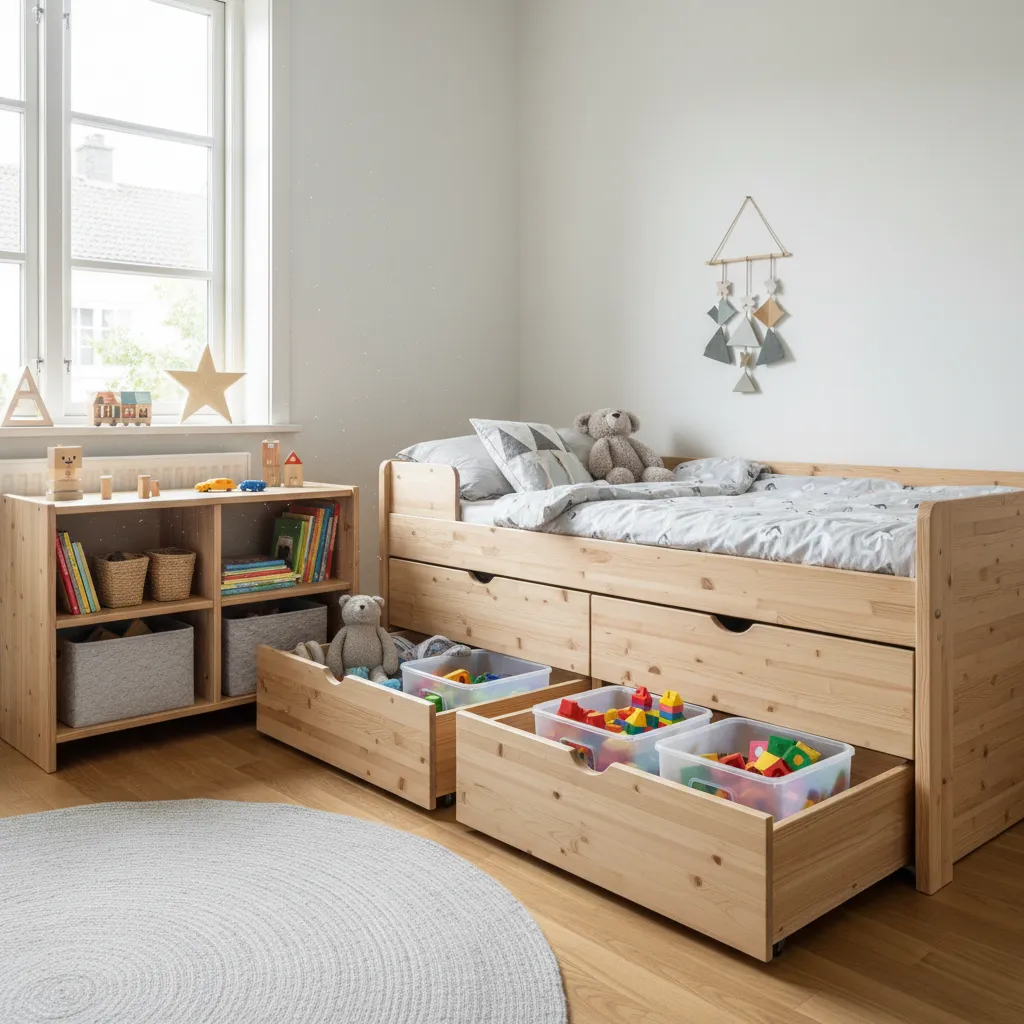 Wooden kids bed with open storage drawers showing colorful toys next to a small cabinet