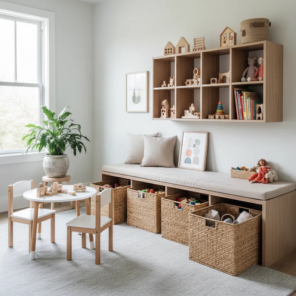 Bright kids playroom featuring wooden wall shelves and a storage bench with four woven baskets