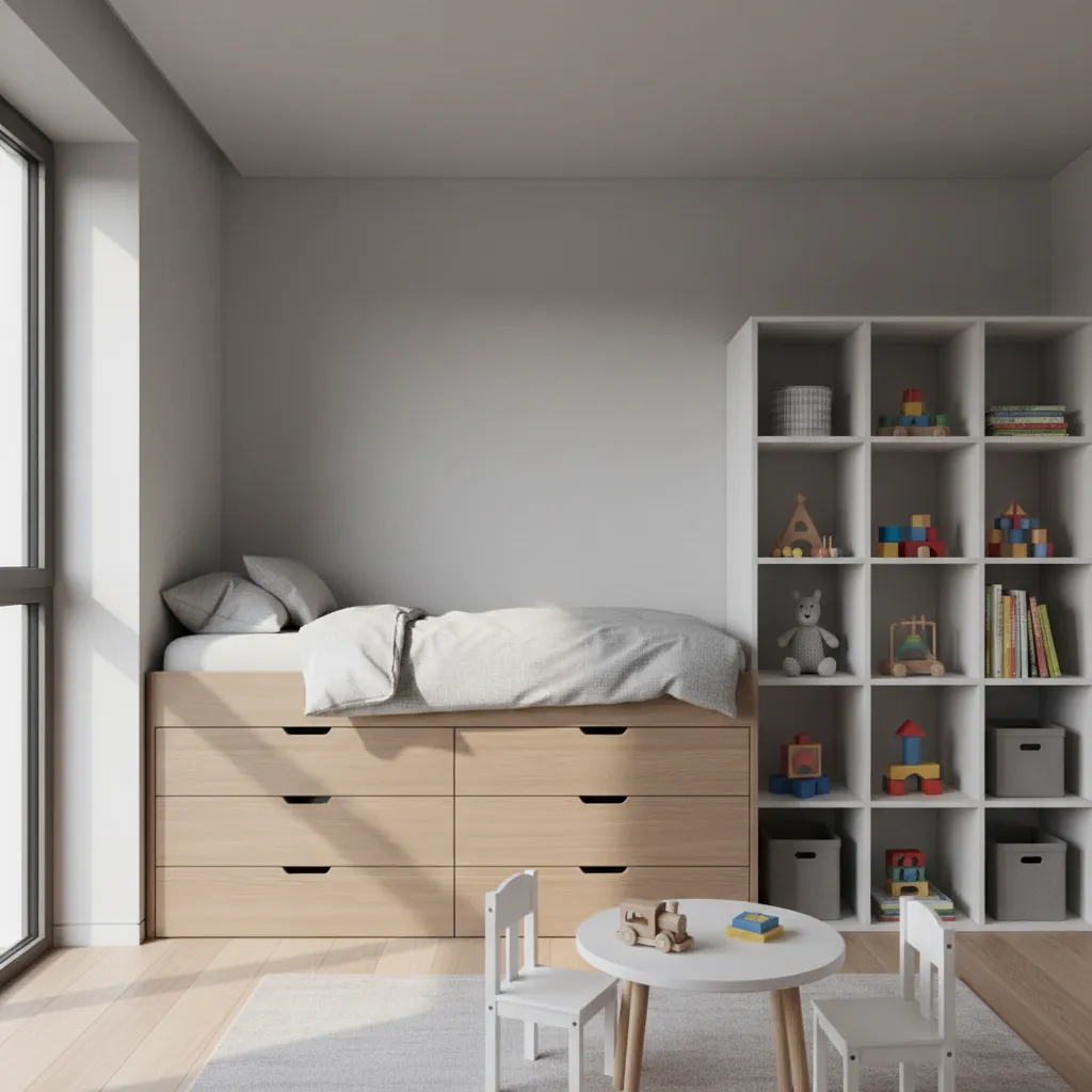 Dormitorio infantil con almacenamiento integrado bajo la cama y estanterías