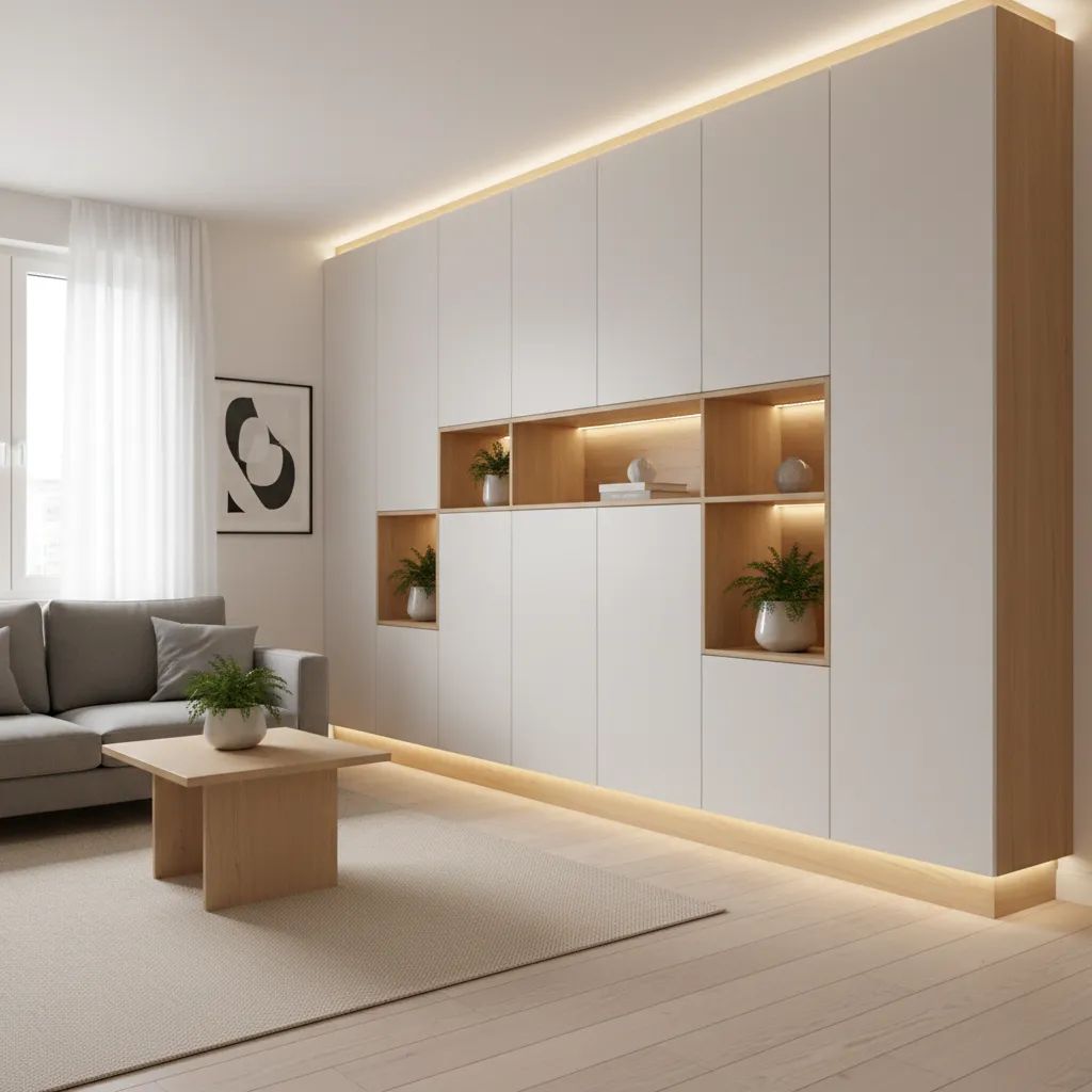 Modern living room featuring large white wall cabinet with built in lights and wooden coffee table