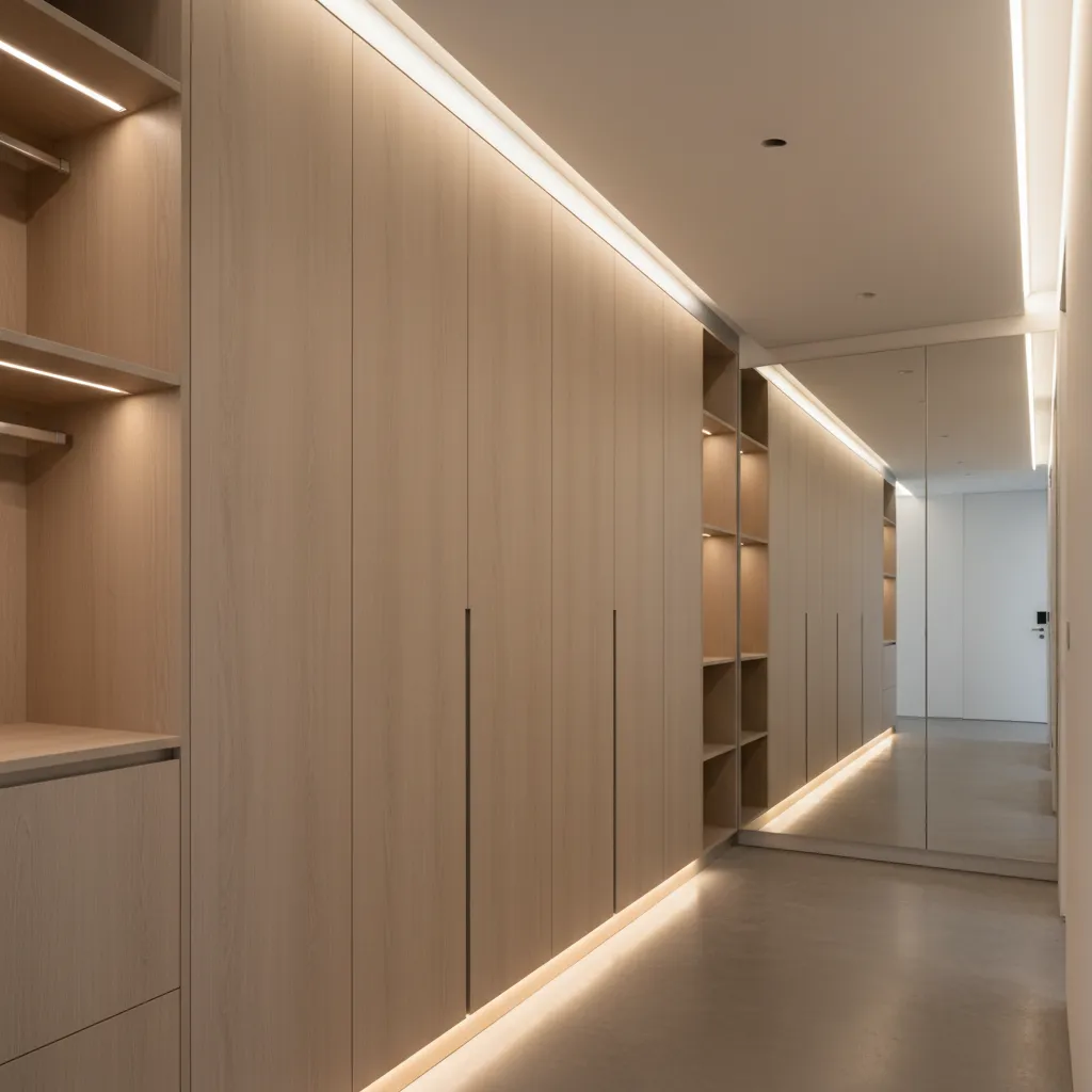 Modern hallway with wooden cabinets integrated light strips large mirror and clean grey floor design