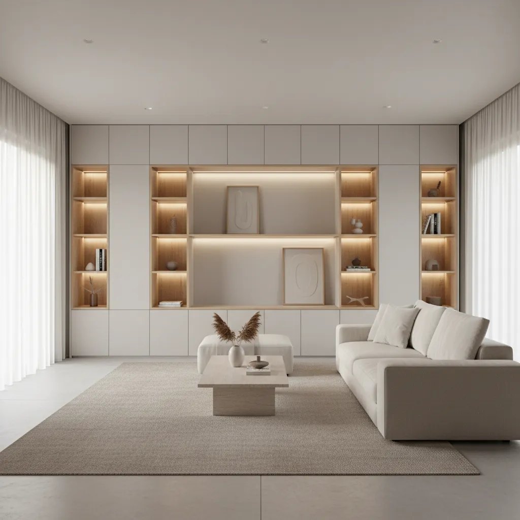 Salón con almacenamiento integrado en paredes para optimizar espacio