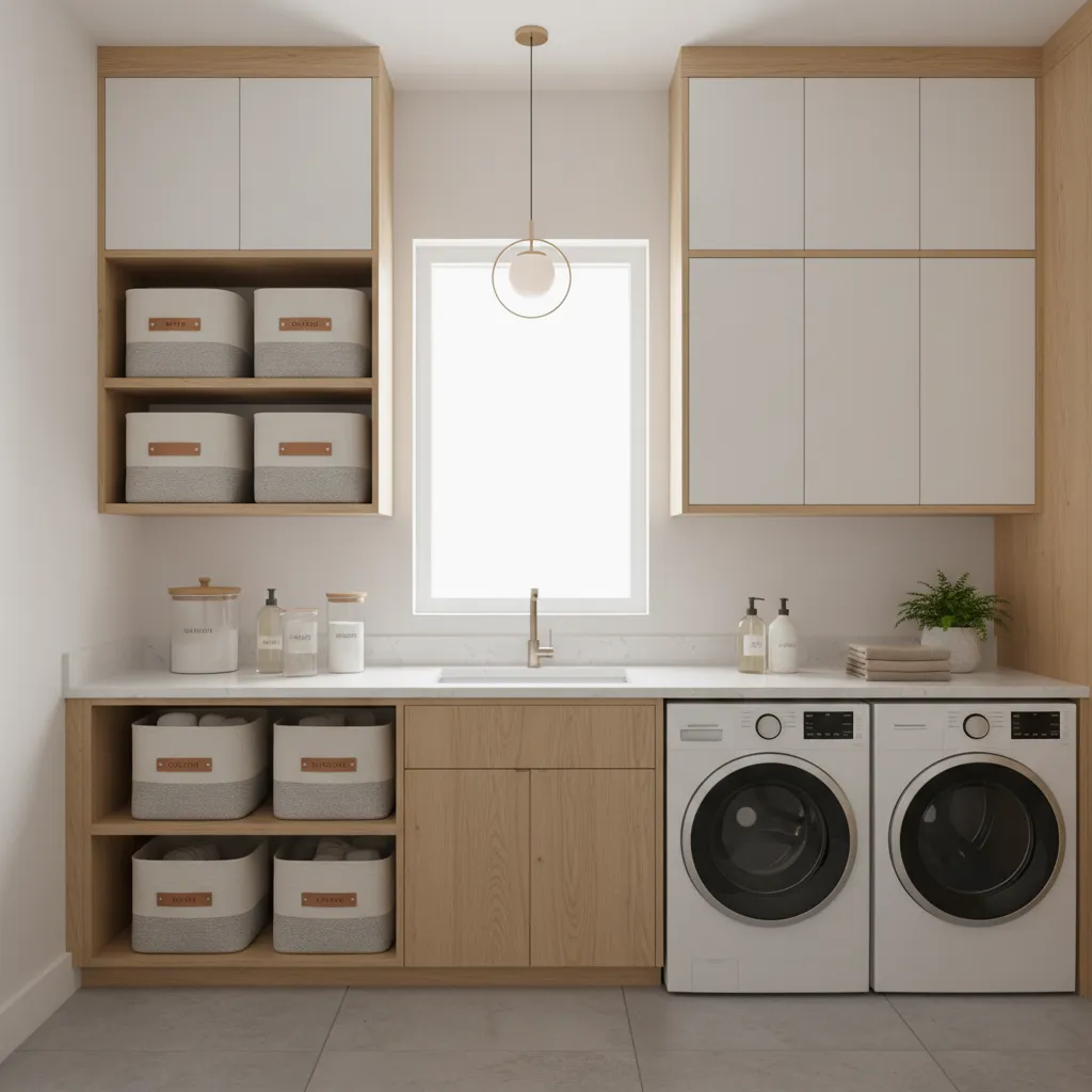 Modern laundry room with side-by-side washing machines, wooden cabinets, white countertop, sink, and ceiling light