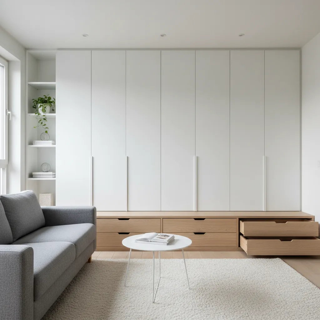 Grey sofa in living room with white wall cabinet wooden storage drawers and small table