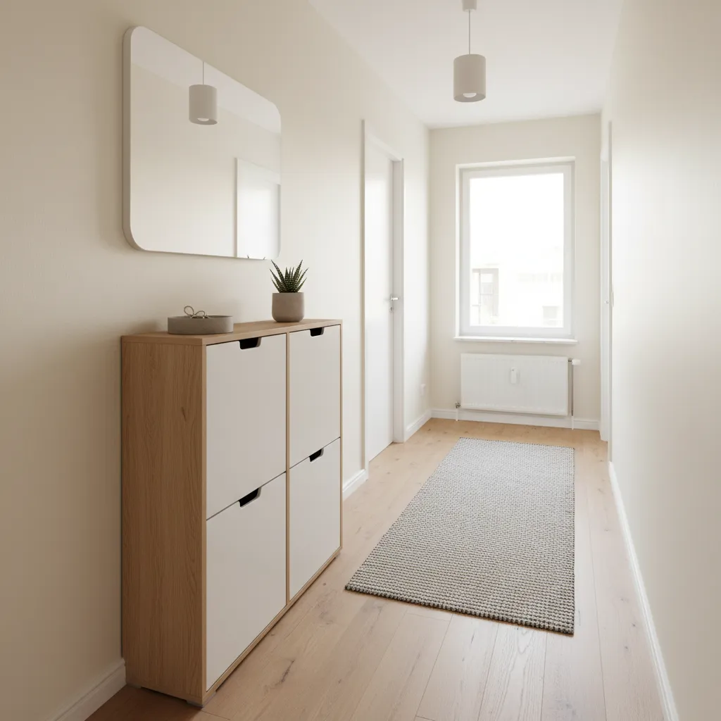 Pasillo pequeño con mueble zapatero estrecho y decoración minimalista