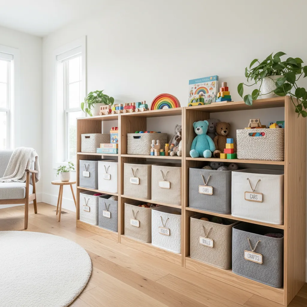 Wooden cabinet with labeled fabric bins for toy storage next to a white round floor rug