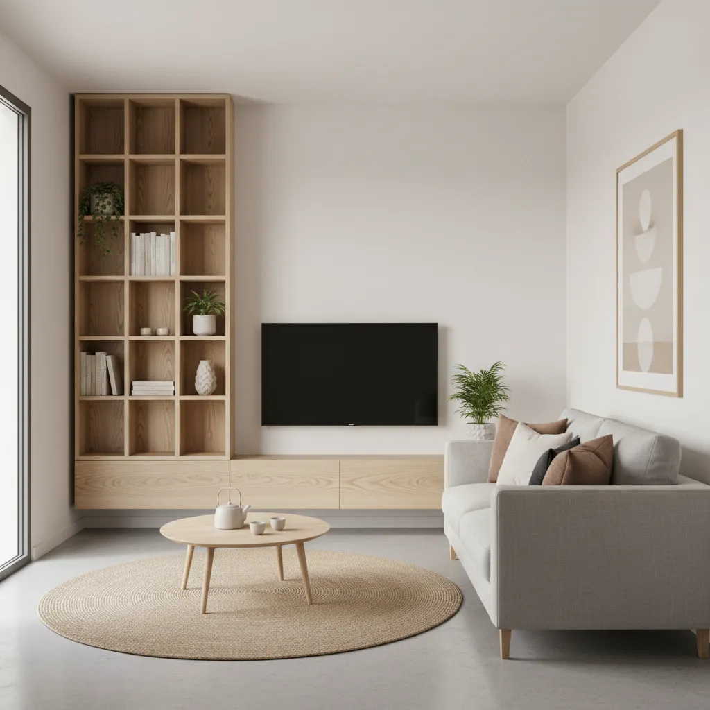 Sala pequeña con estantería vertical y mueble flotante