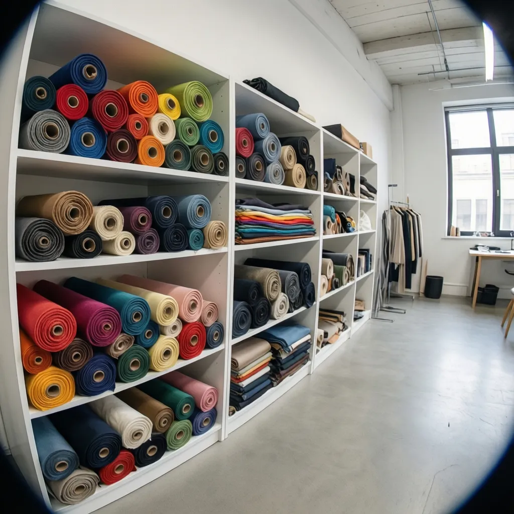 Estanterías organizadas con telas en un estudio de moda blanco