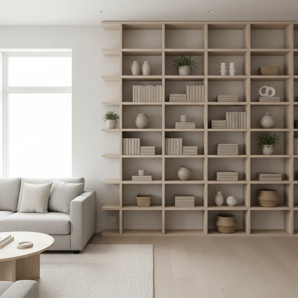 Living room featuring large wooden wall shelves, grey sofa, round coffee table, rug, and floor